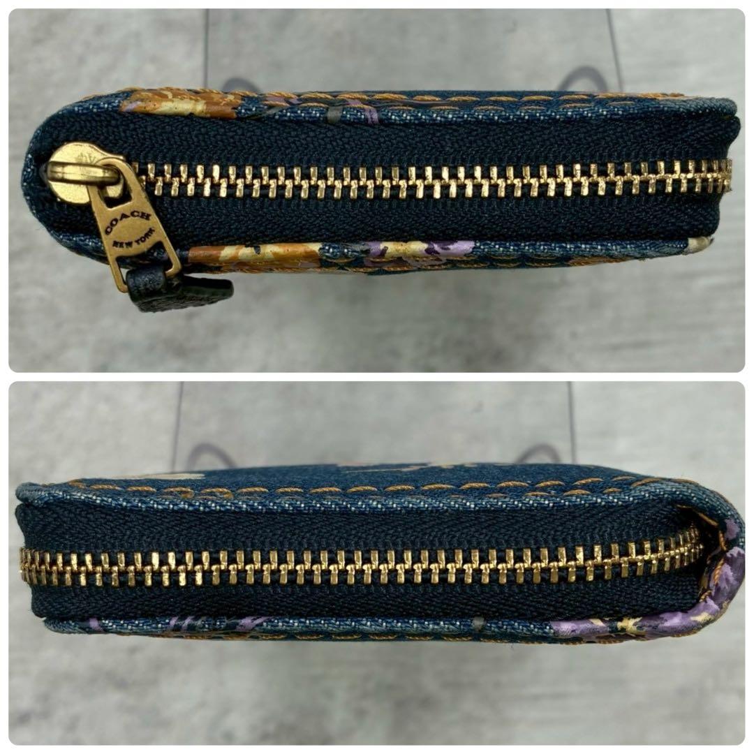 極美品 コーチ デニム ラウンドファスナー コンパクトウォレット ミニ財布 花柄