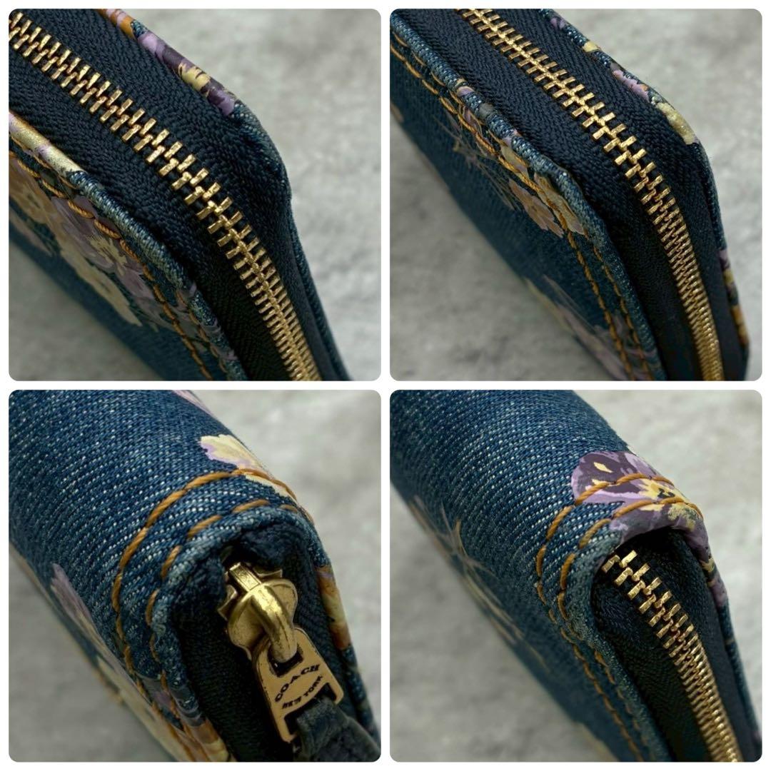 極美品 コーチ デニム ラウンドファスナー コンパクトウォレット ミニ財布 花柄