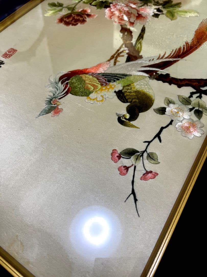 レア　希少【湘繍】ヴィンテージ 刺繍額 中国画 美術品 古美術　ガラス額　花鳥図