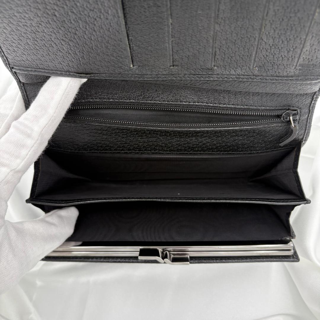 【美品】GUCCI グッチ三つ折り財布 GGキャンバス ブラック レザー がま口