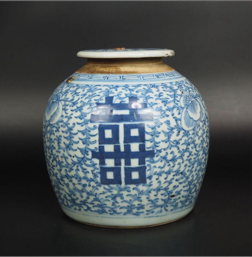 送料無料　70年代36元購入　清時代嘉慶道光青花罐 火漆印有　本物保証