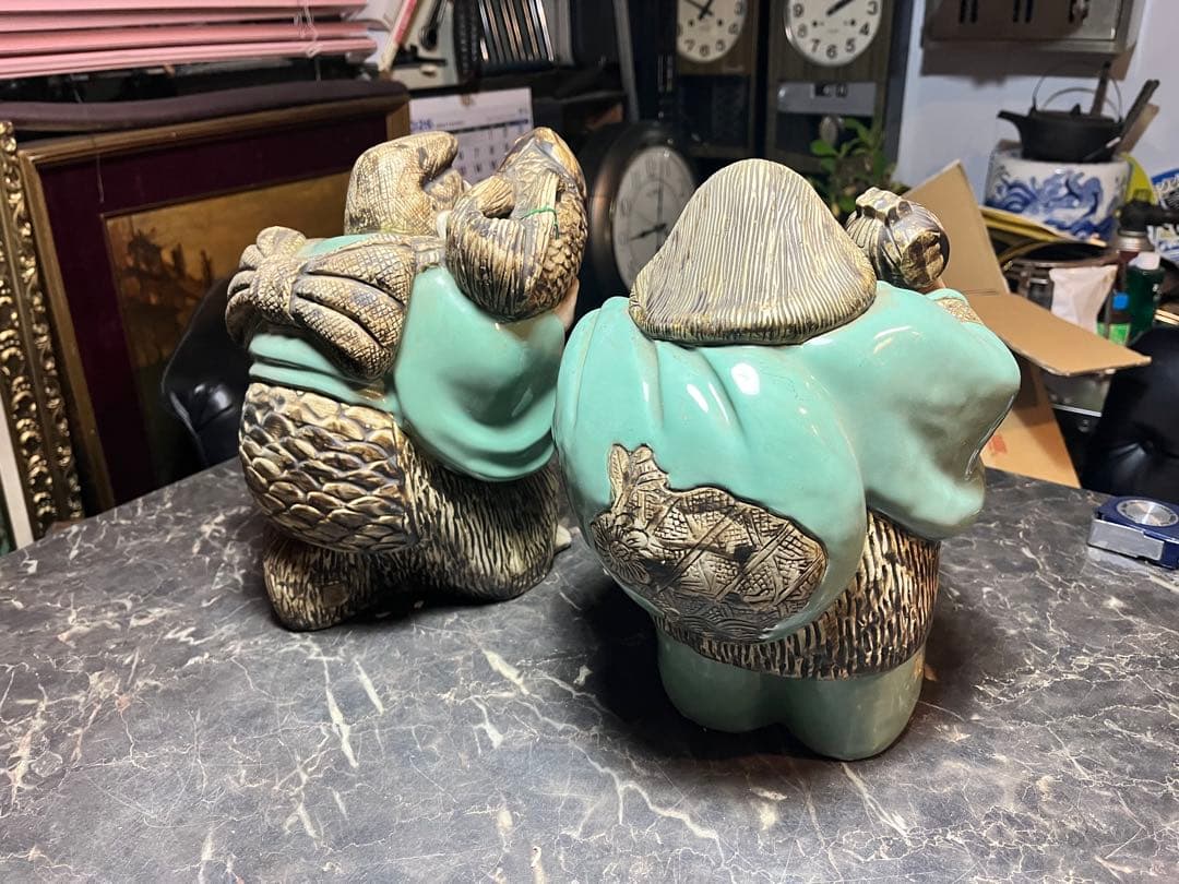 大黒天大黒様 恵比寿様、 明治時代の青磁 貴重な1対 七福神　 青磁 陶器製