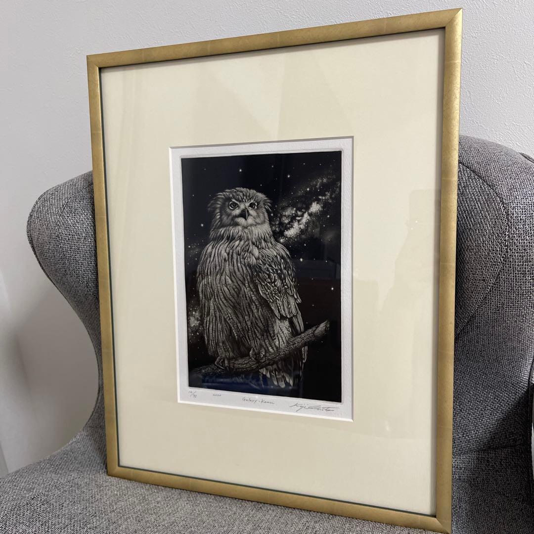 サイン入り　生田宏司　ギャラクシーカムイ　フクロウ　銅版画　メゾチント