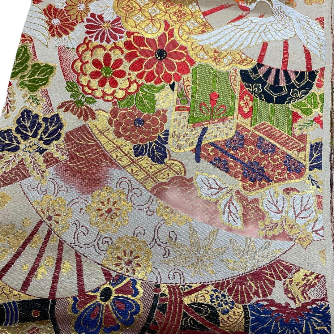 未使用　西陣織　ヴィンテージ 古布　反物　帯や着物にも　鶴、金系　正絹