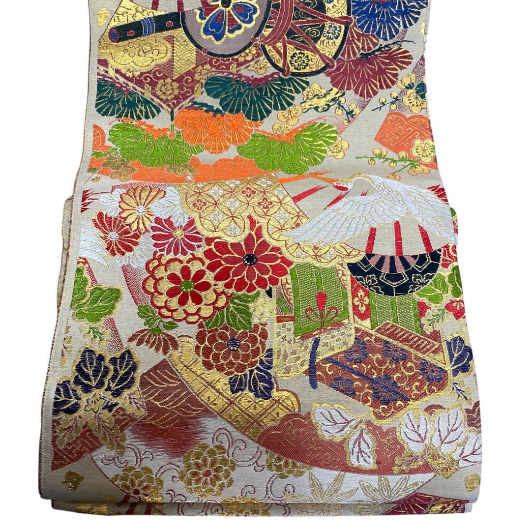 未使用　西陣織　ヴィンテージ 古布　反物　帯や着物にも　鶴、金系　正絹