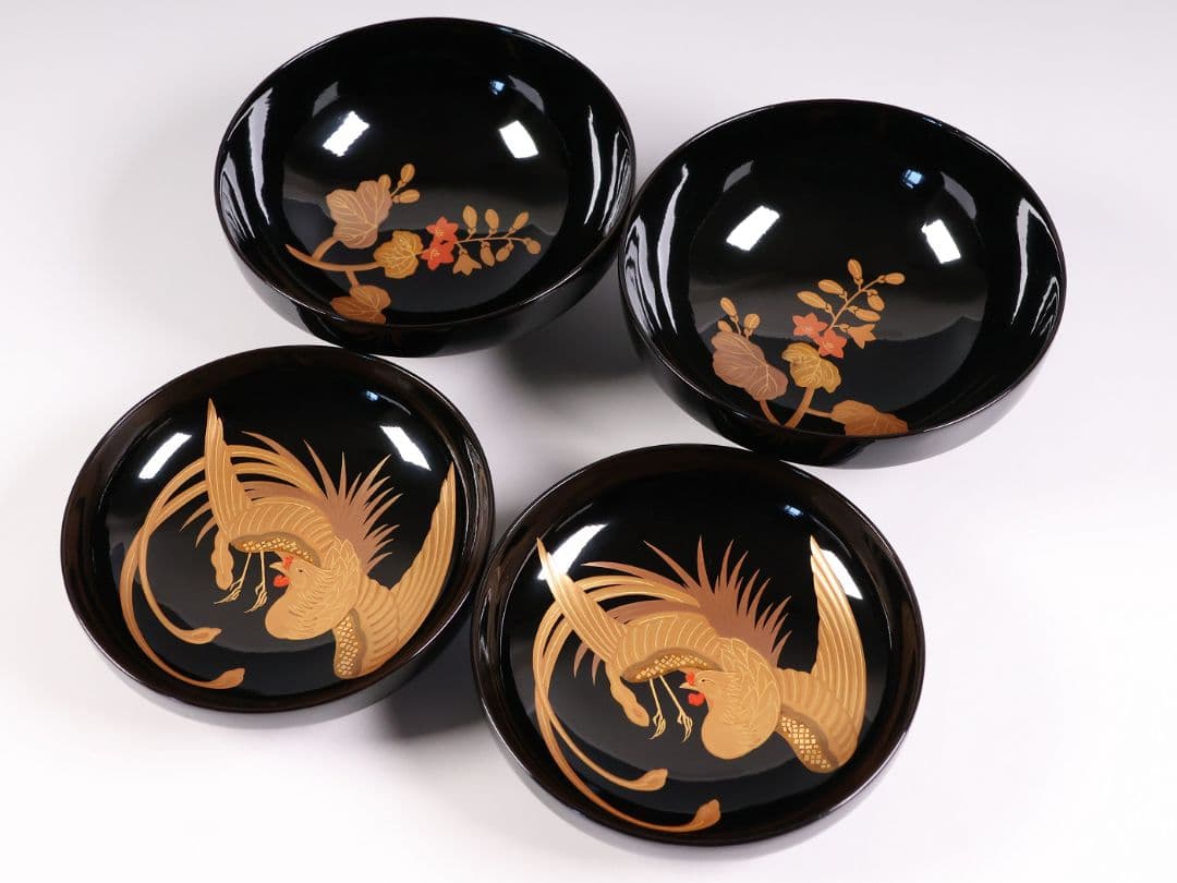 【CM400】天然木漆塗 菊桐鳳凰金蒔絵 黒塗 吸物椀 二客 昭和期 木製漆器