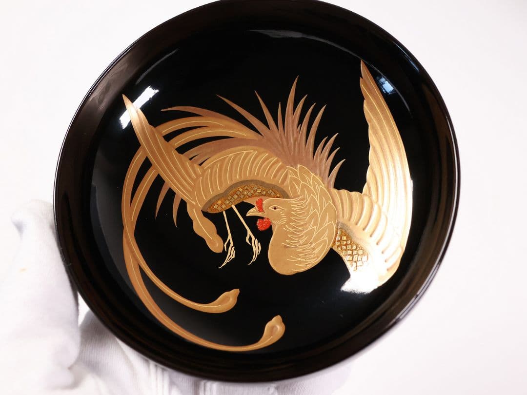 【CM400】天然木漆塗 菊桐鳳凰金蒔絵 黒塗 吸物椀 二客 昭和期 木製漆器