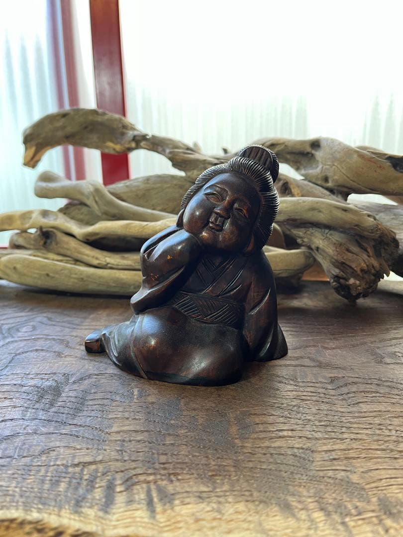 骨董／漆塗り／木製／置物／お多福／アンティーク／ヴィンテージ／希少