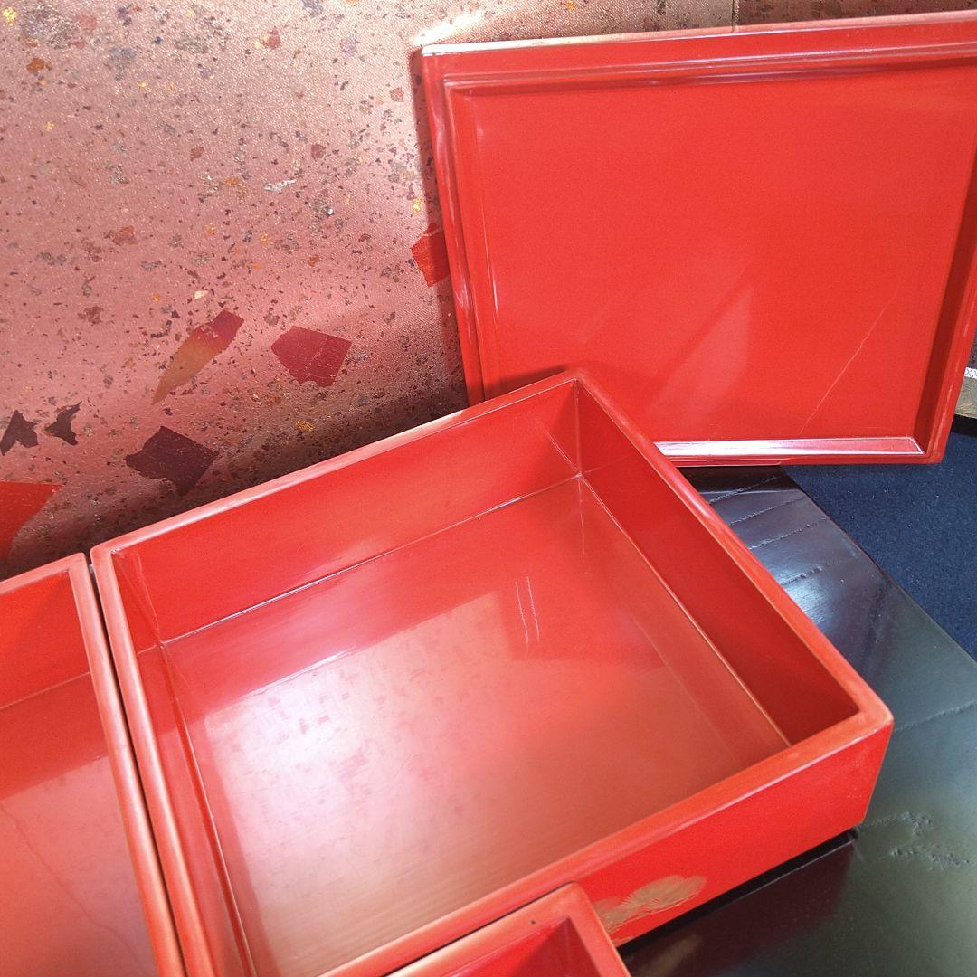 AA236 輪島塗 沈金 蒔絵 五段重ニ枚蓋朱塗り松竹梅木箱入