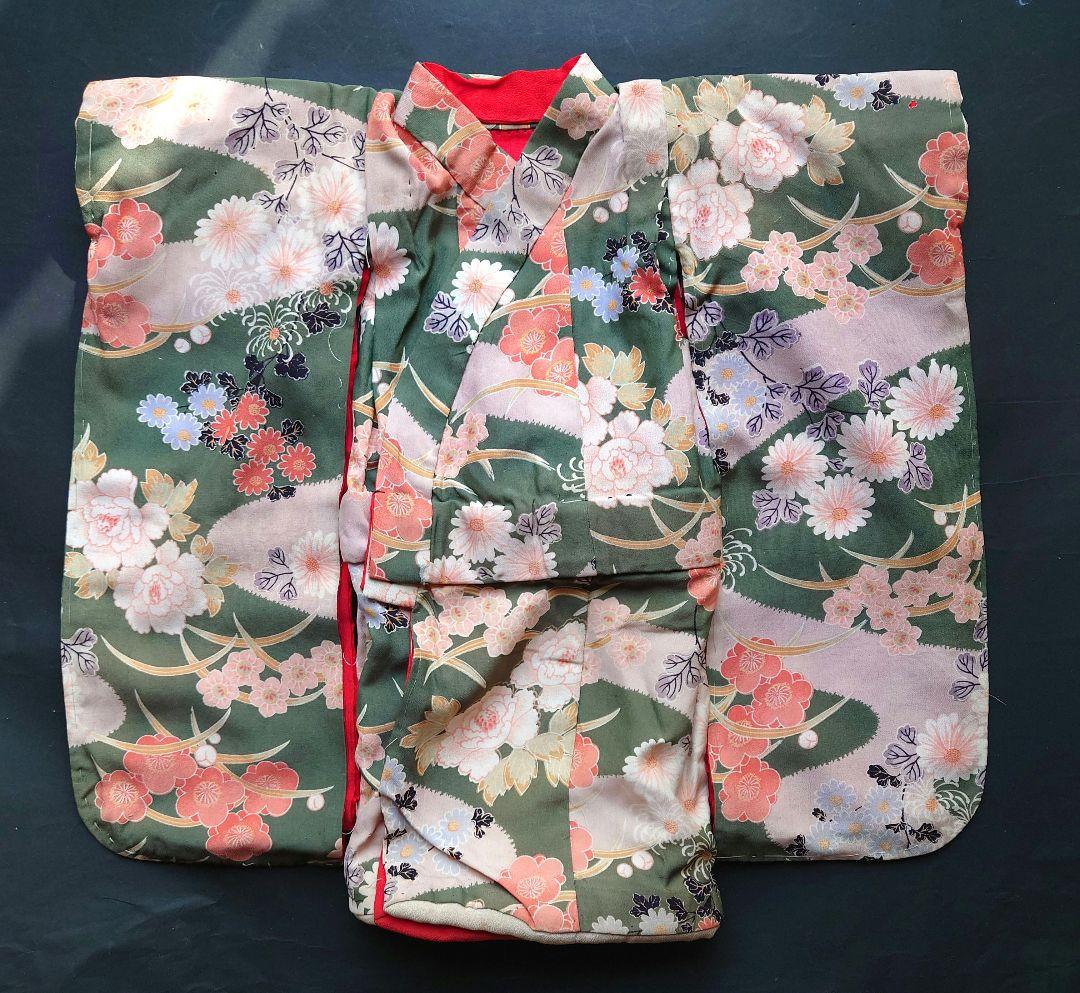 市松人形の着物　薄手の縮緬　振り袖　古布　袷　比翼付き　15号52cm用　緑系