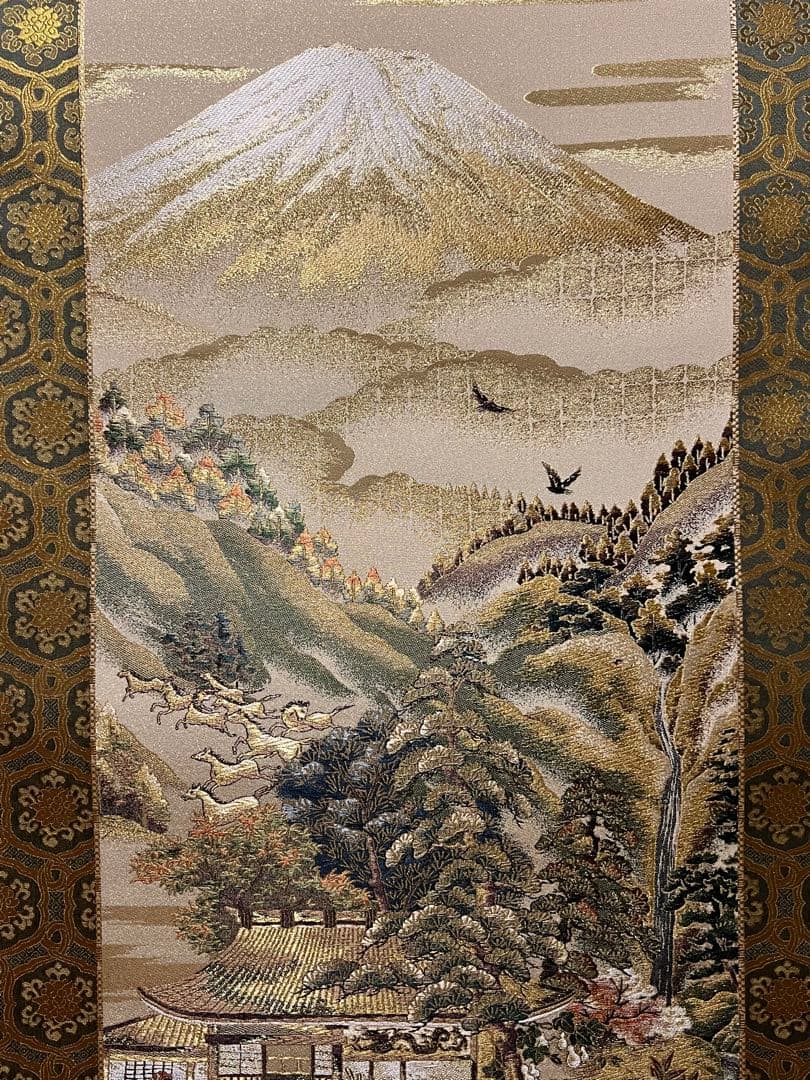 西陣織「吉祥十全図」織物 細密刺繍 七福神 富士 日本画 掛軸 掛け軸 茶掛