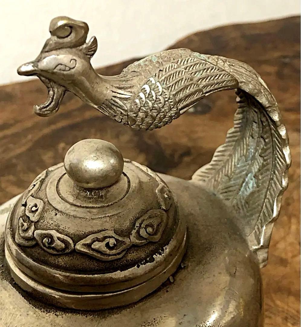 中国美術 白銅 鳳凰草花刻紋 急須 大明宣徳年製