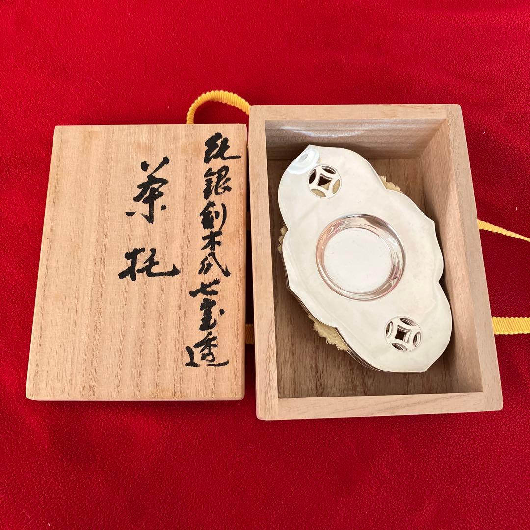 純銀　茶托　木瓜型　七宝透　5客セット　250g 隆昌　刻印　未使用　共箱