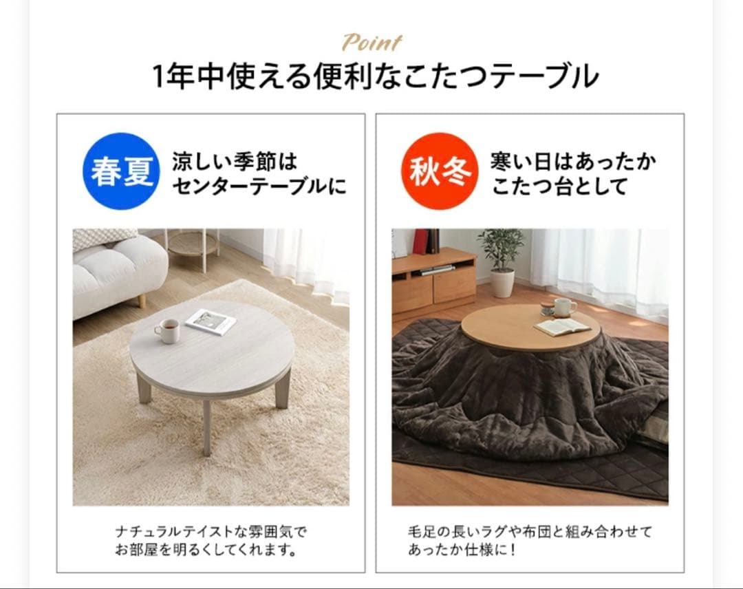 こたつテーブル 70cm 円形 ホワイト　木目