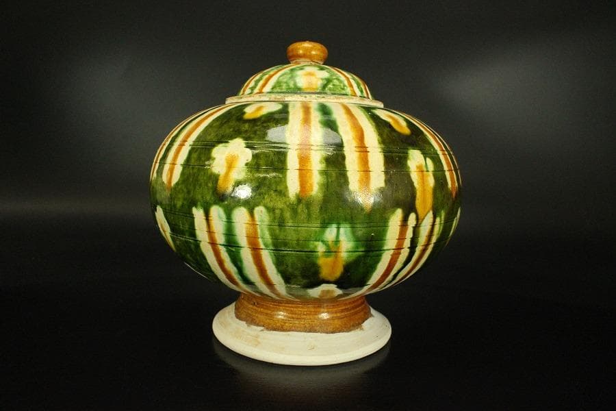 中国美術 唐三彩 蓋 丸壷(A368)