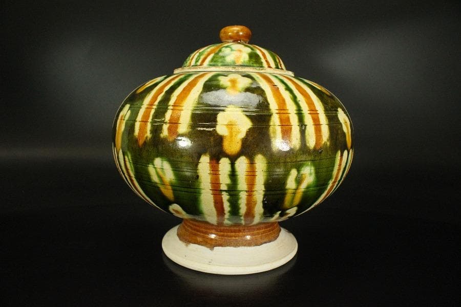 中国美術 唐三彩 蓋 丸壷(A368)