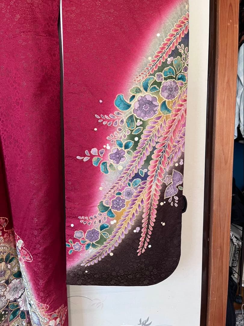 【正絹 振袖】美品✨ えんじ系　花柄　金彩