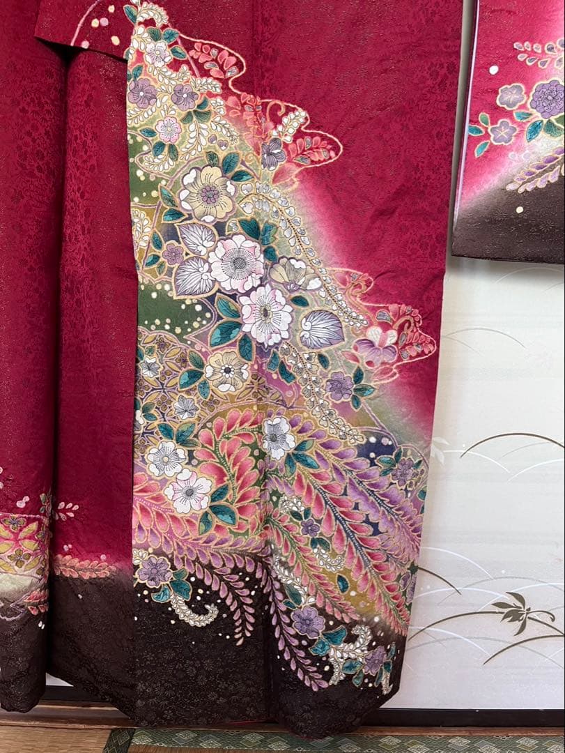 【正絹 振袖】美品✨ えんじ系　花柄　金彩