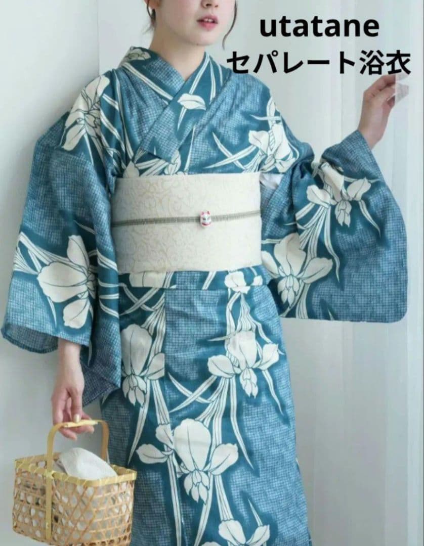 utatane セパレート高級変わり織 二部式浴衣3点セット　鈍青に菖蒲　古典柄