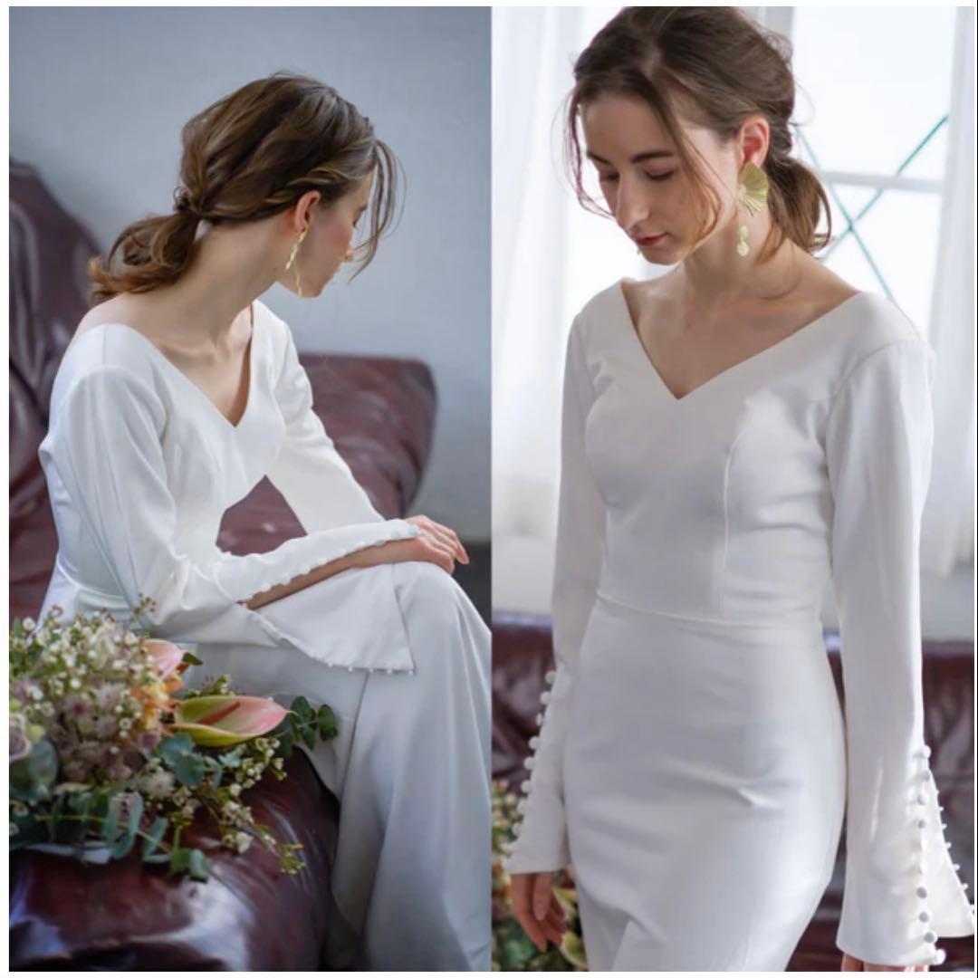 ドレスプロダクション　Vネック　フレアスリーブウェディングドレス　W159