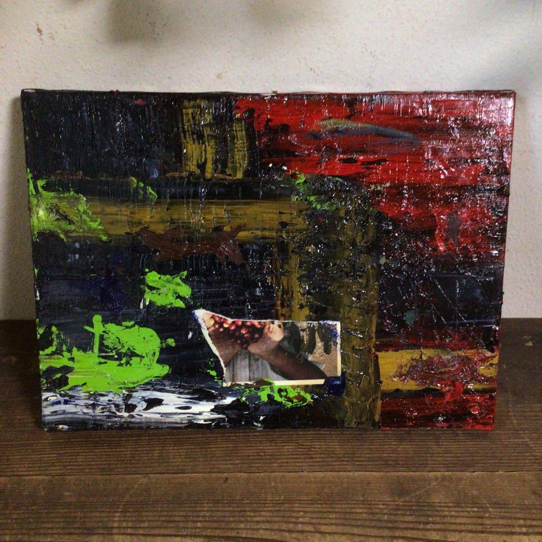 No4127 額装　作者不明　コラージュ画　油彩画　抽象画　現代アート　送料無料