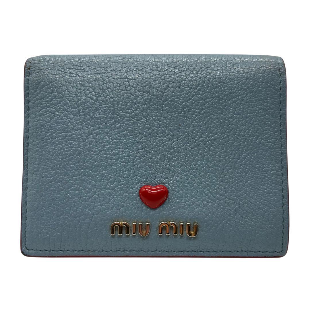 希少カラー miu miu マドラスラブ 二つ折り財布 ハート 水色×赤 レザー