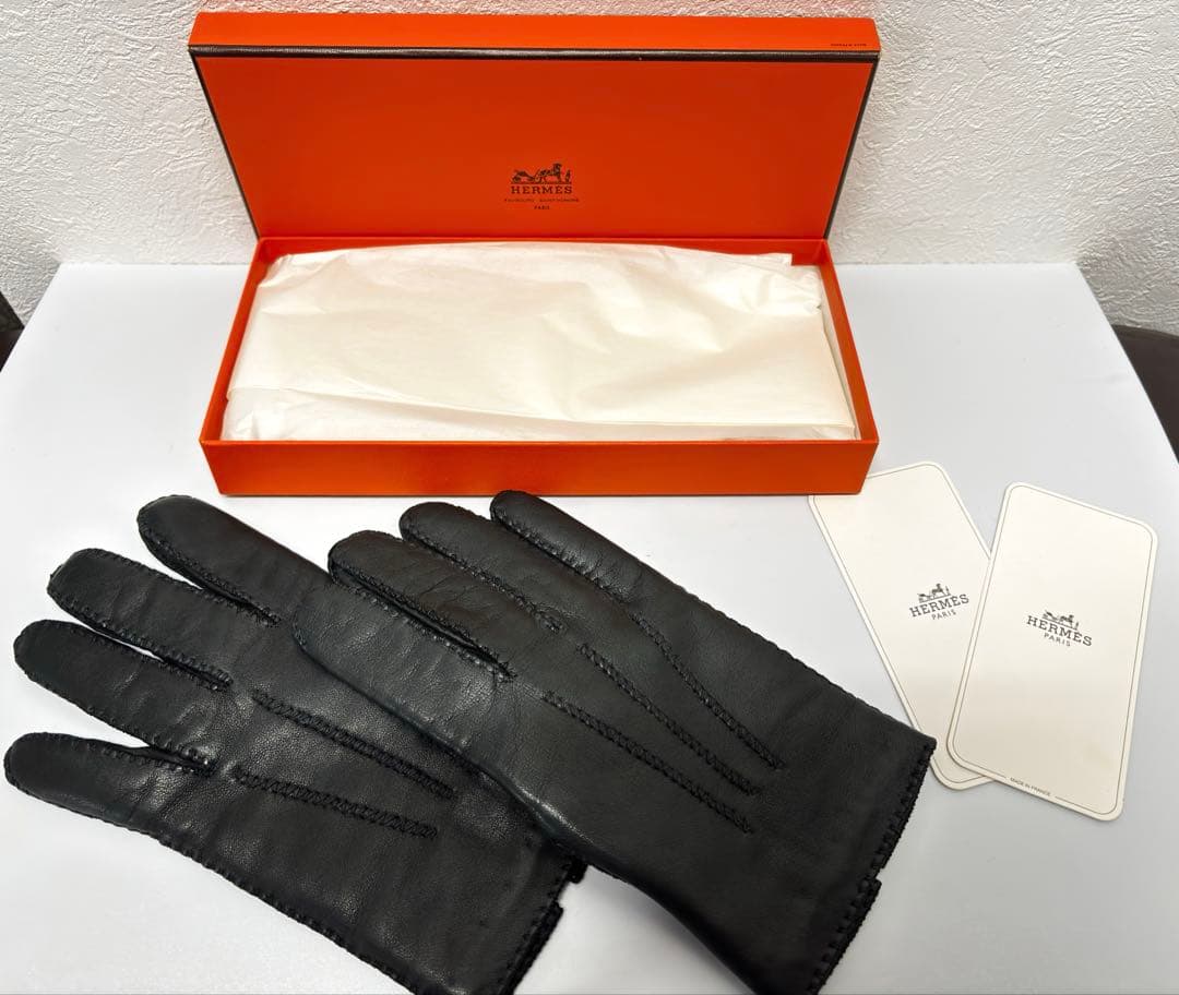 【美品】エルメス クルードセル手袋ブラック ラムレザーカシミア ¥177,100
