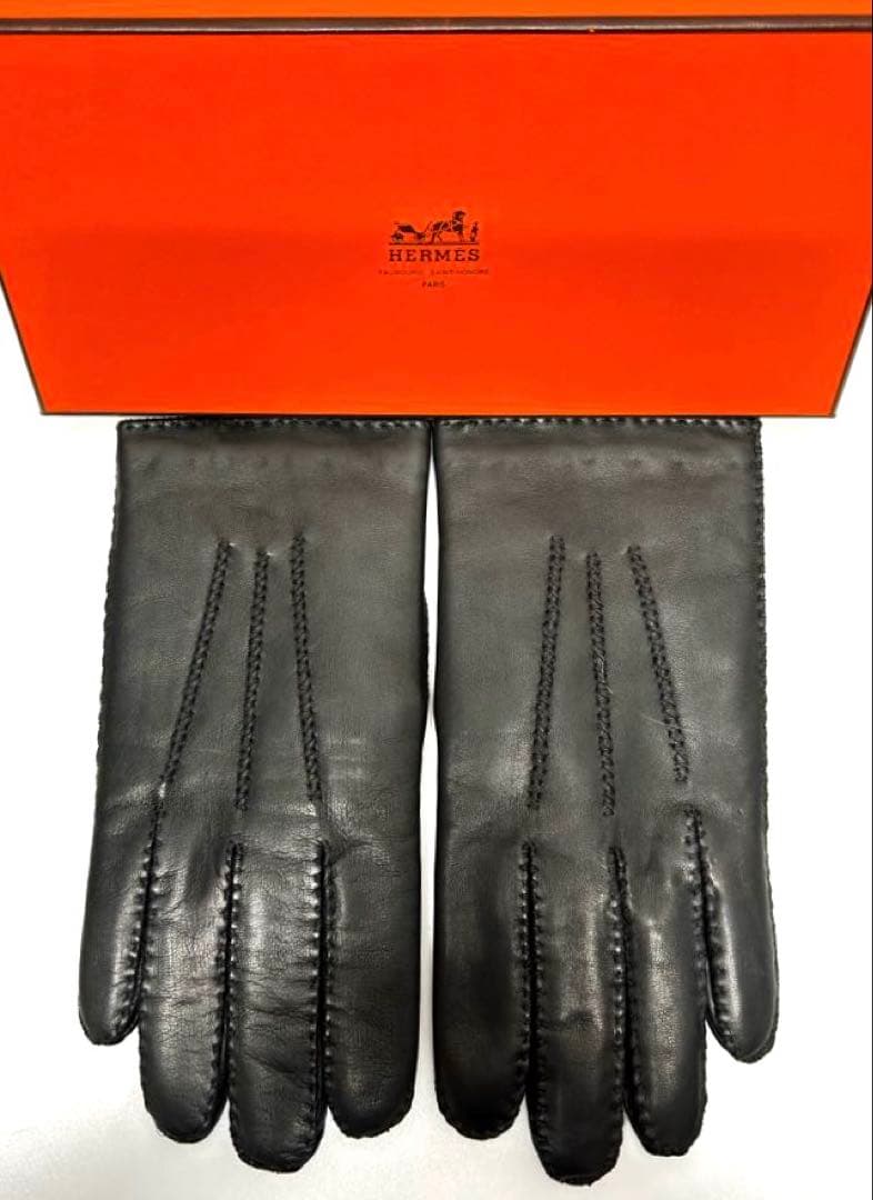 【美品】エルメス クルードセル手袋ブラック ラムレザーカシミア ¥177,100