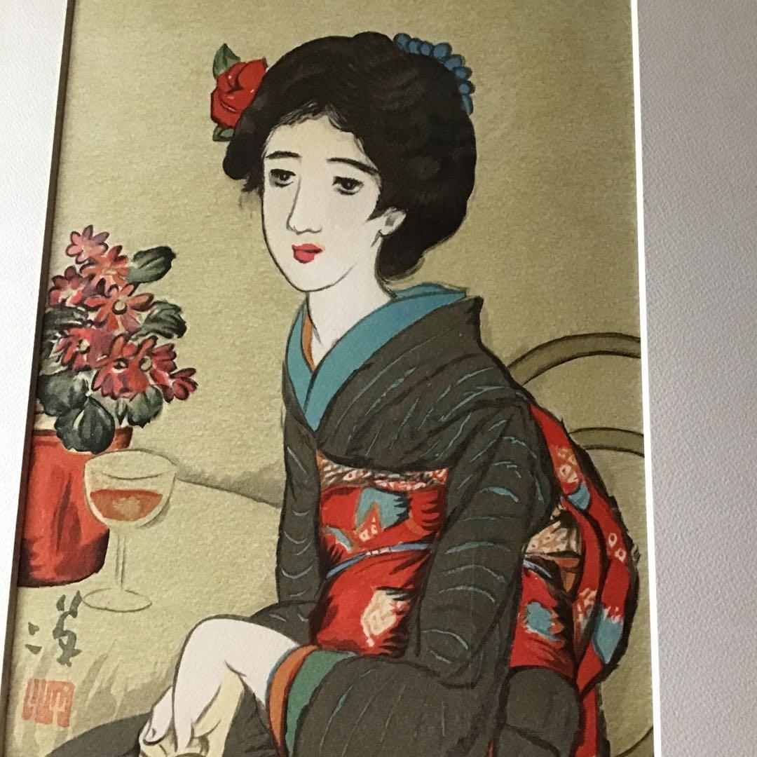 竹久夢二　「椿の髪飾り」　リトグラフ美人版画限定250部158/250