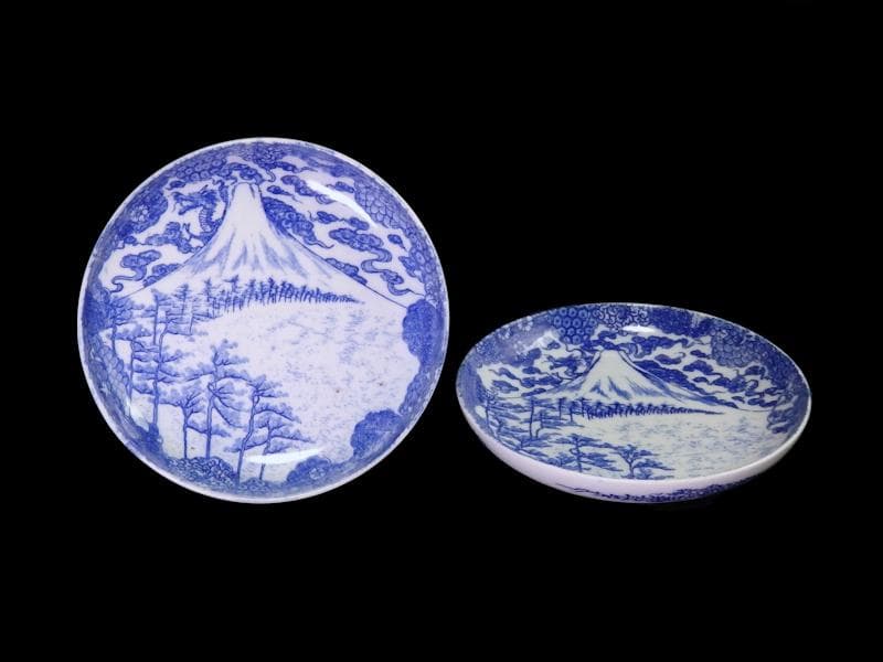 古伊万里　型刷り印判　染付　富士に龍の図　５寸皿　２枚　F175 AS-fbqv