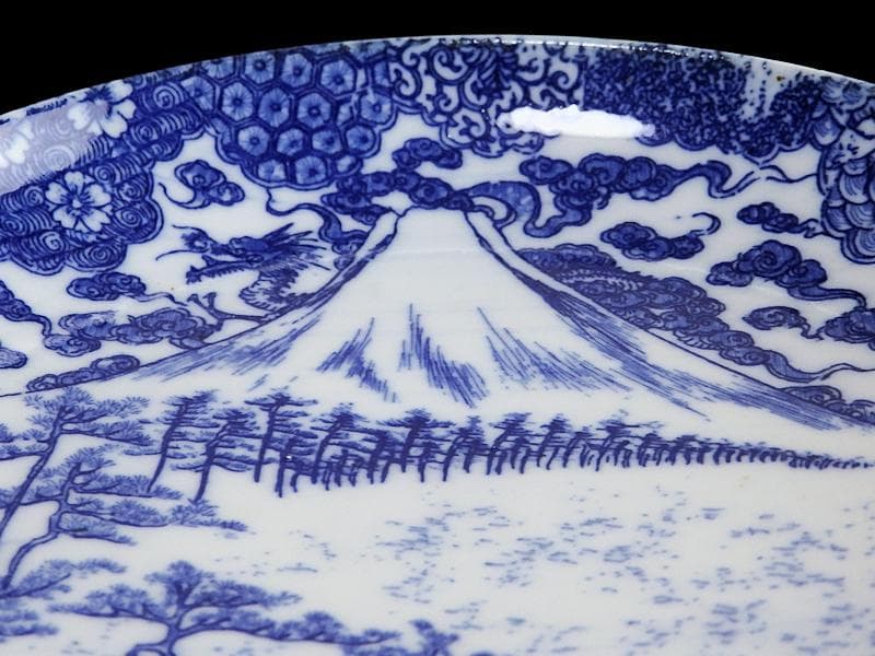 古伊万里　型刷り印判　染付　富士に龍の図　５寸皿　２枚　F175 AS-fbqv