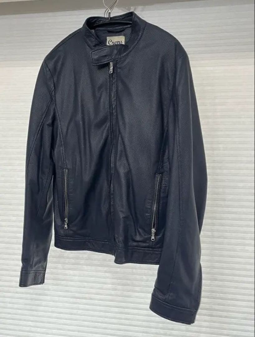 ネイビー　パンチングレザー シングルライダース　紺　48 L crops