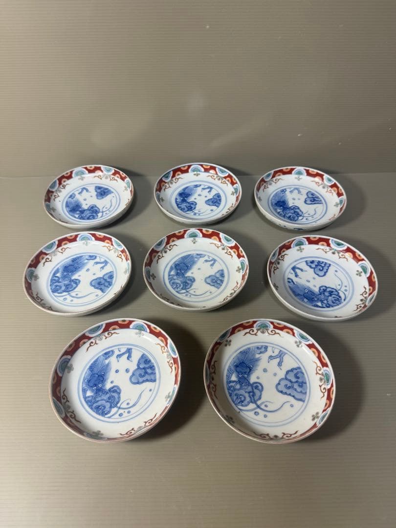 2429 激レア　香蘭社　伊萬里風　色絵龍文　皿　8客　時代物