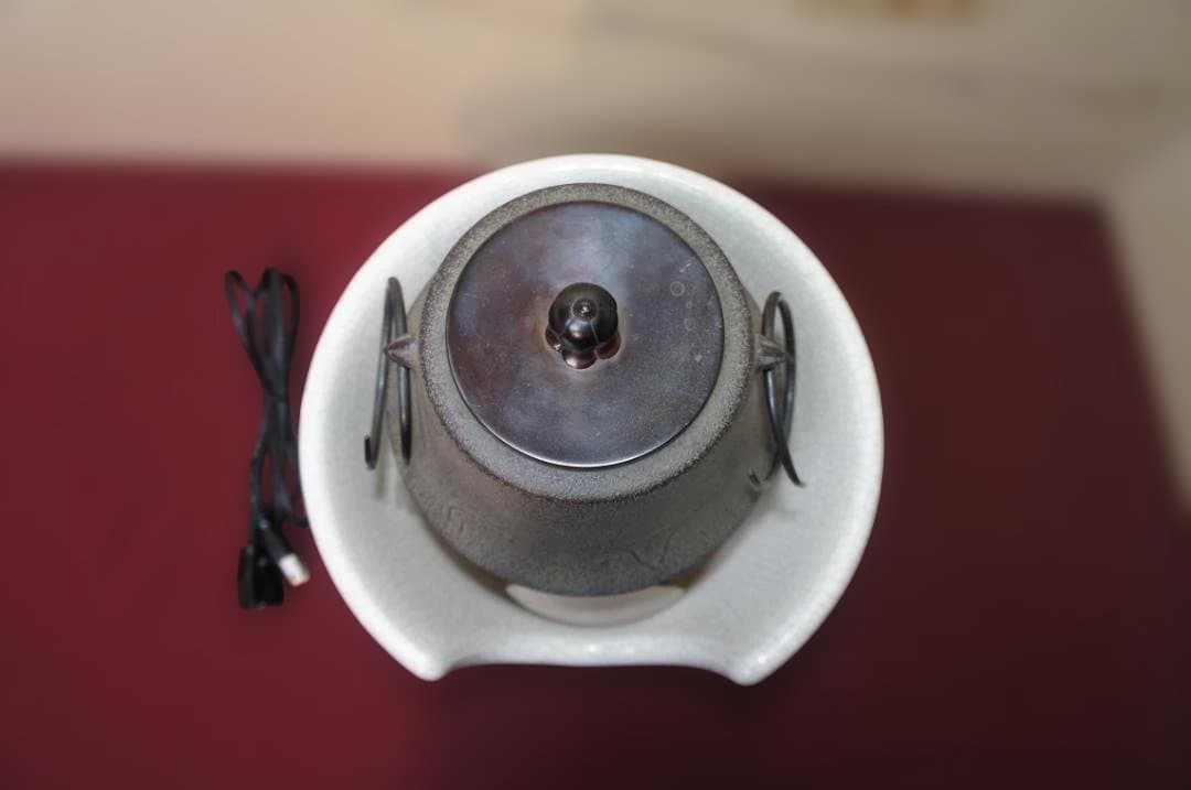 ☆ 野々田 しろ薩摩風炉(紅鉢型)電熱器 在銘富士釜 釜鐶他フルセット送料込み