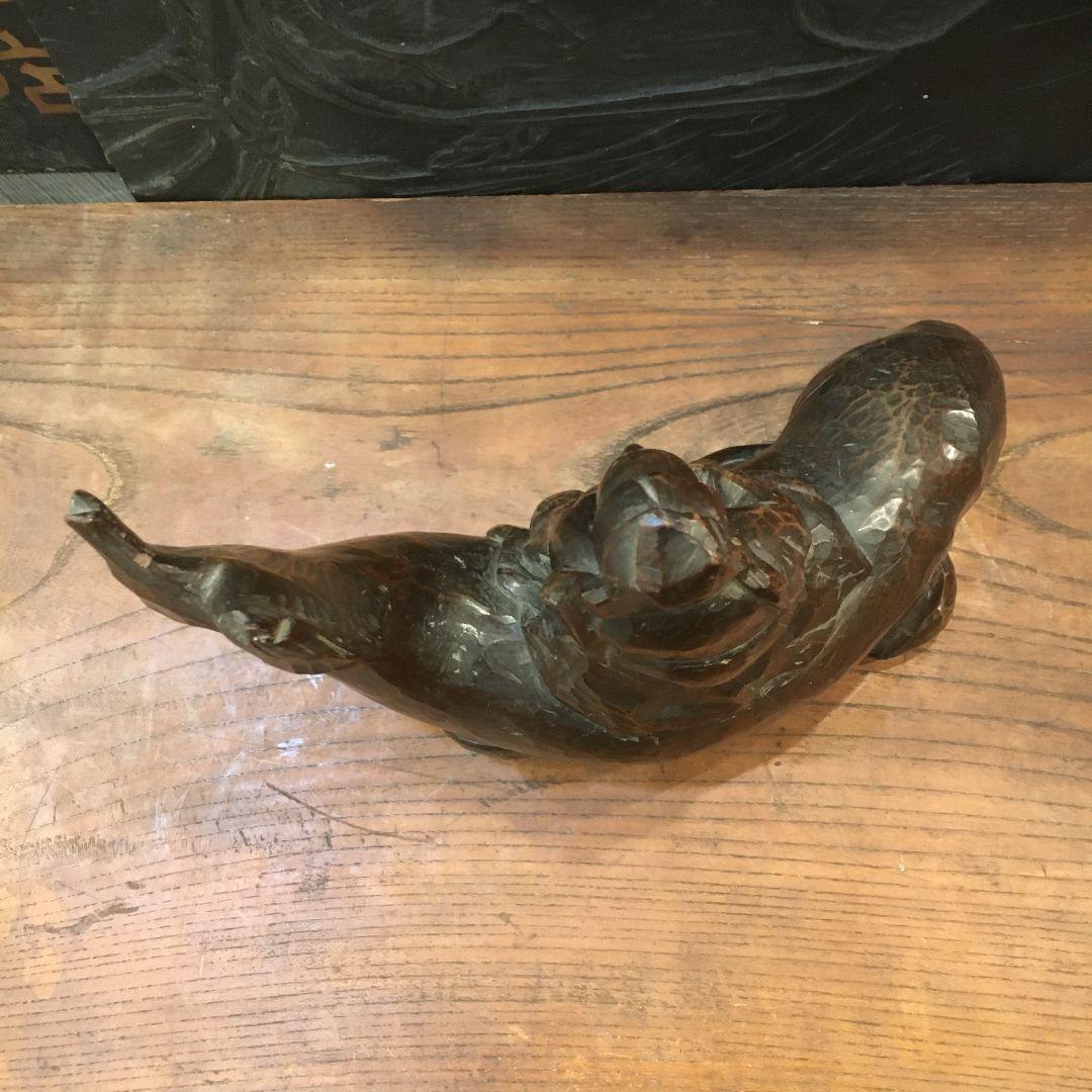 骨董 木彫り像 鯉 仙人