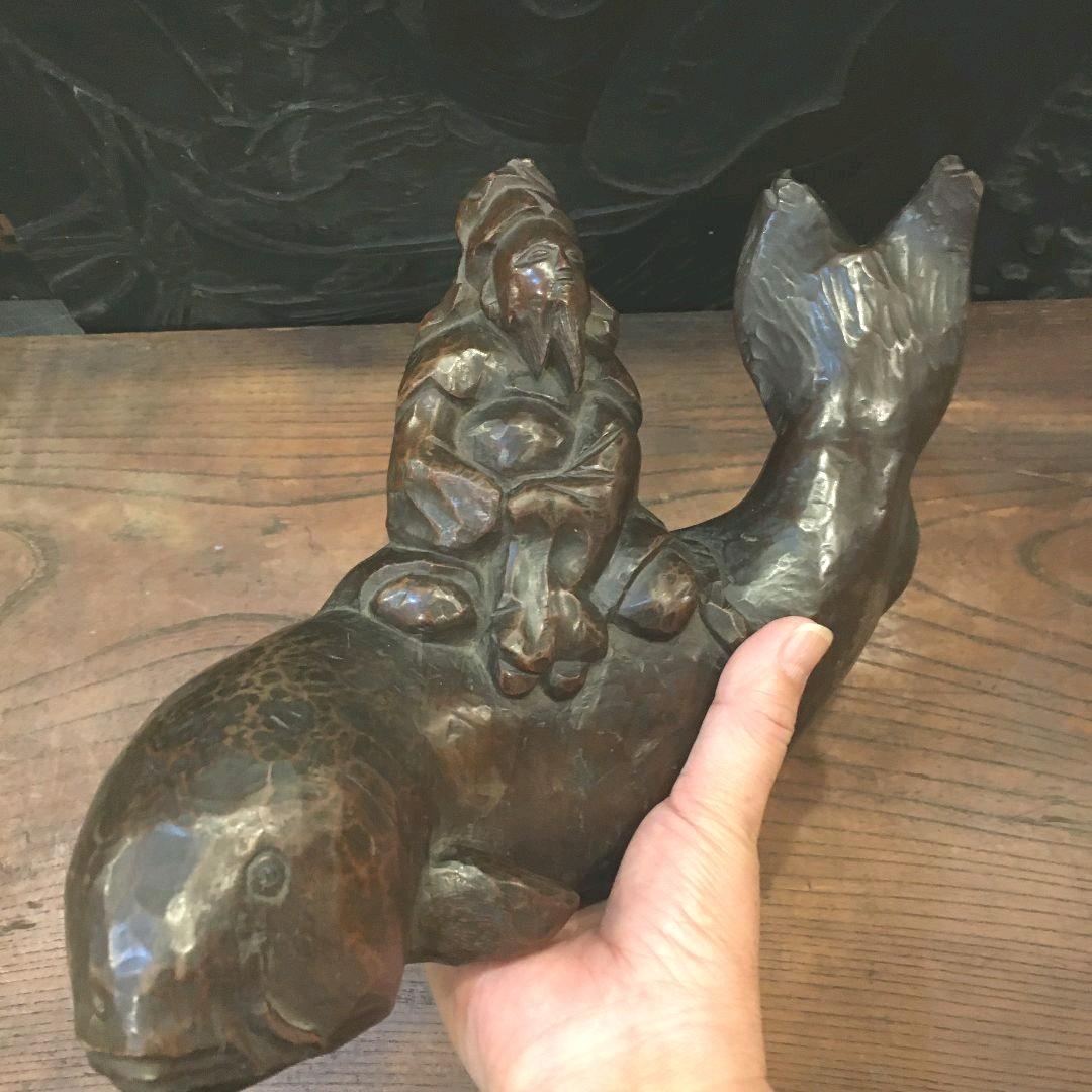 骨董 木彫り像 鯉 仙人