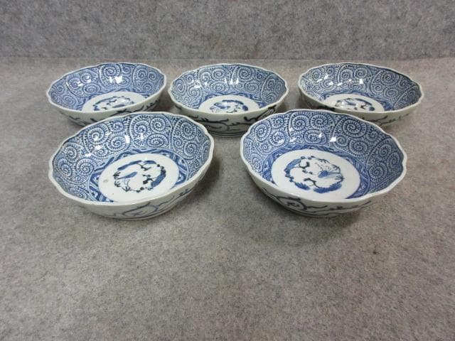 成化年製古伊万里染付たこ唐草文なます皿5枚 [B25364]
