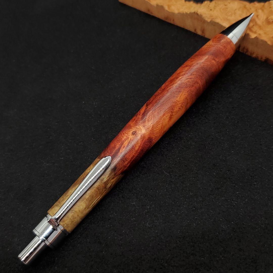 ⑱Bハンドメイド木軸シャーペン花梨瘤紅白赤濃いめ