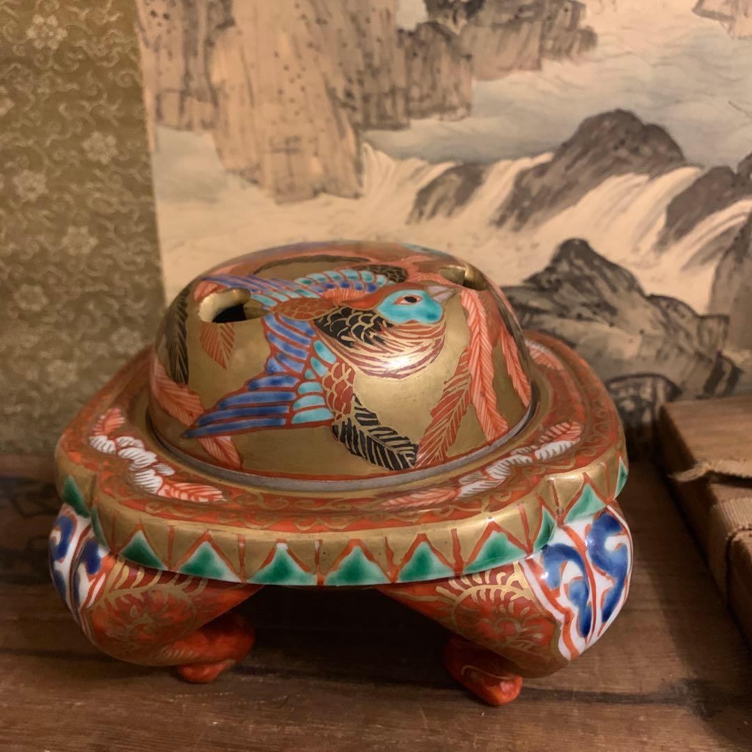 五彩双凤 四脚香炉 角福　珍品　箱付173