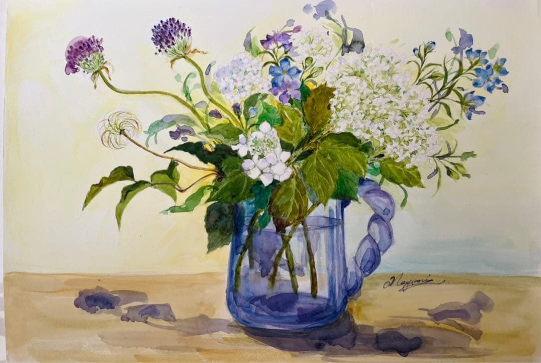 ガラスの花瓶　水彩画　原画