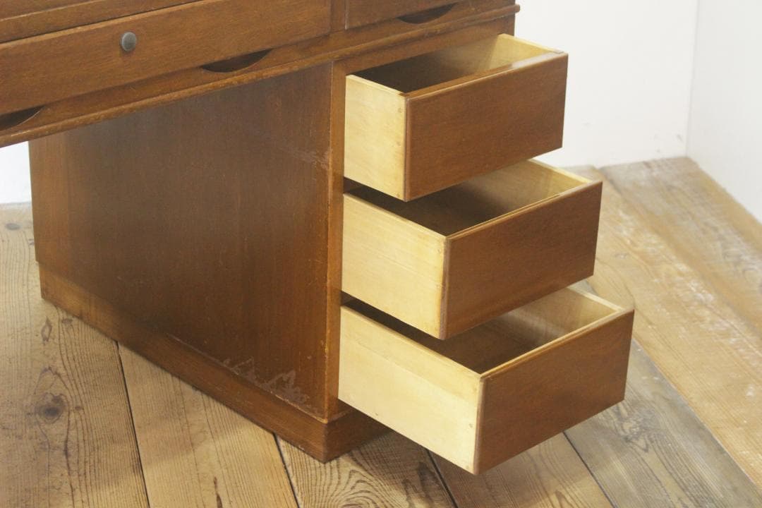 レトロ 両袖デスク 机 書斎 作業台 引き出し 抽斗 9杯 分割可能 木製