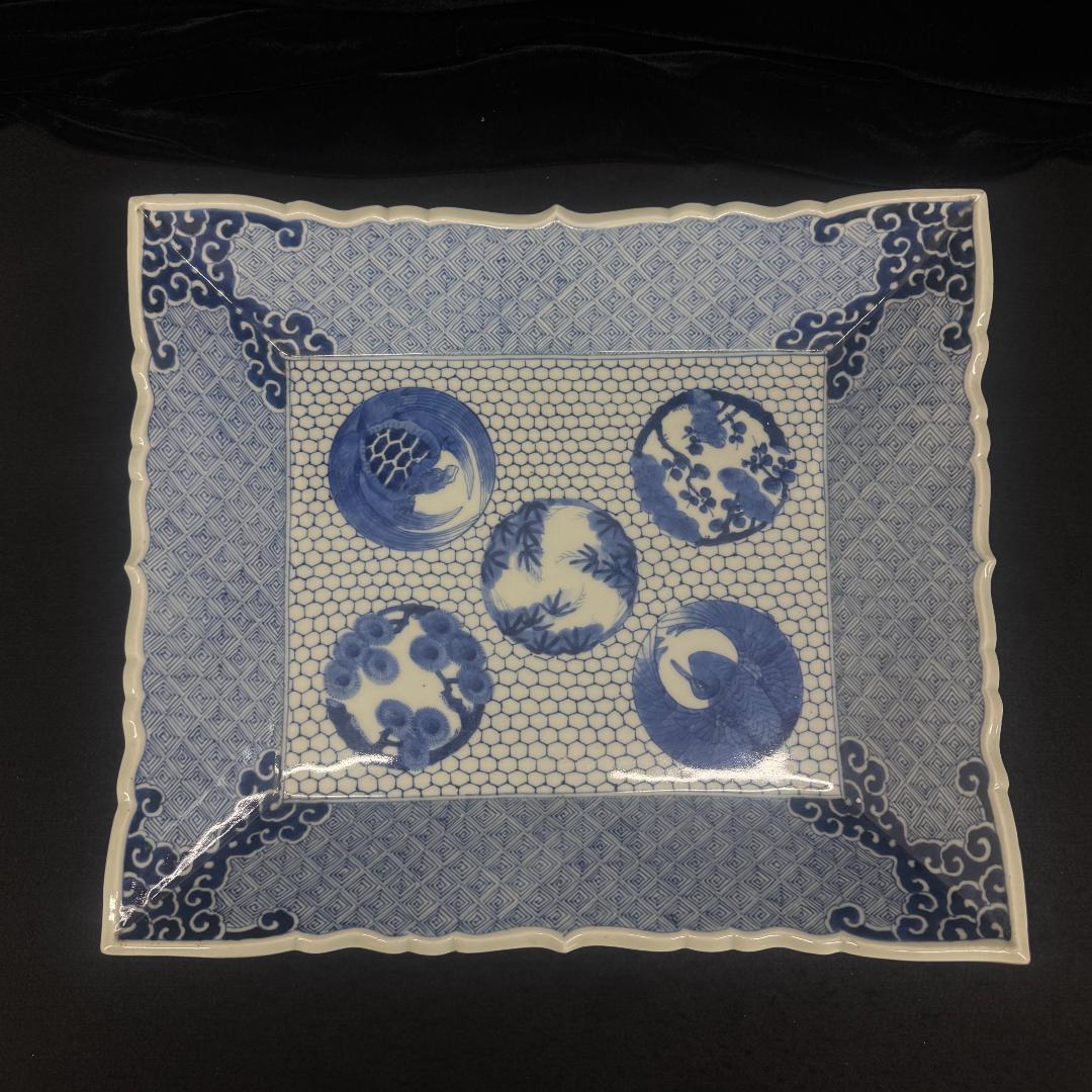 古伊万里 希少 角皿 染付松竹梅鶴亀紋絵飾り皿 手描き アンティーク 骨董