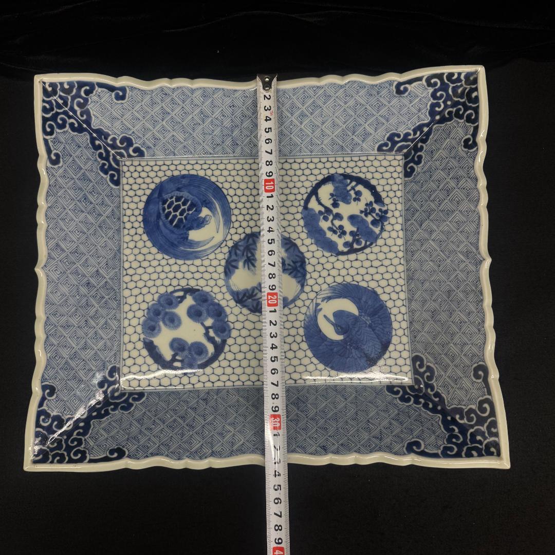 古伊万里 希少 角皿 染付松竹梅鶴亀紋絵飾り皿 手描き アンティーク 骨董