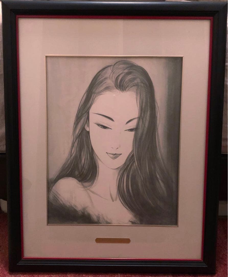 鶴田一郎 美人画 鉛筆画 フレーム付