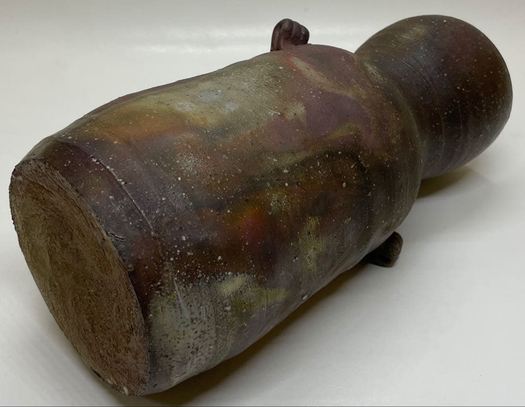 県指定重要無形文化財　金重道明　備前焼　耳付花入　共箱 　　　y16