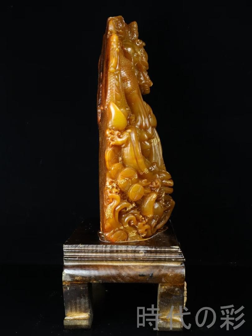 中国古美術【寿山田黄石 金龍献宝】西鳳作款 重器 鏤空 細密彫 在銘 天然賞石