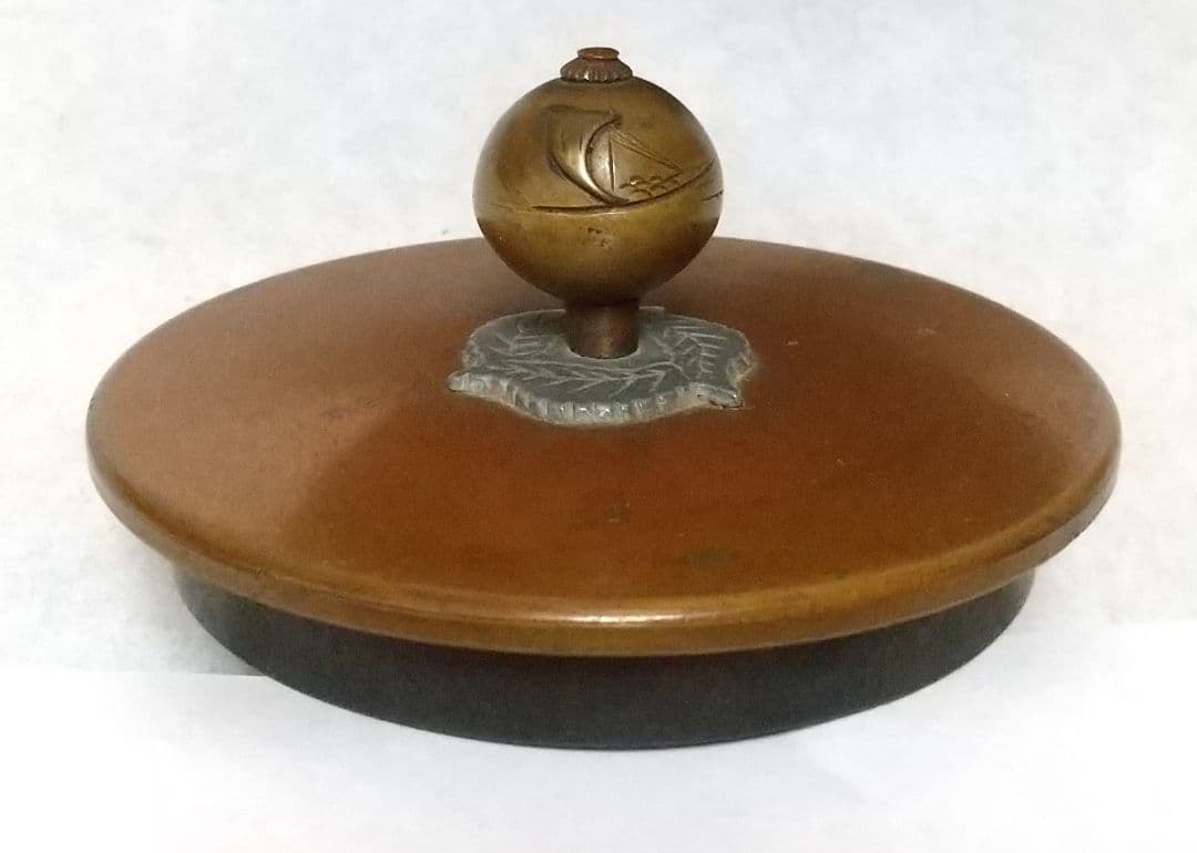 梅泉造 亀文堂 銅瓶 山水楼 帆船紋盖 象嵌叶提梁