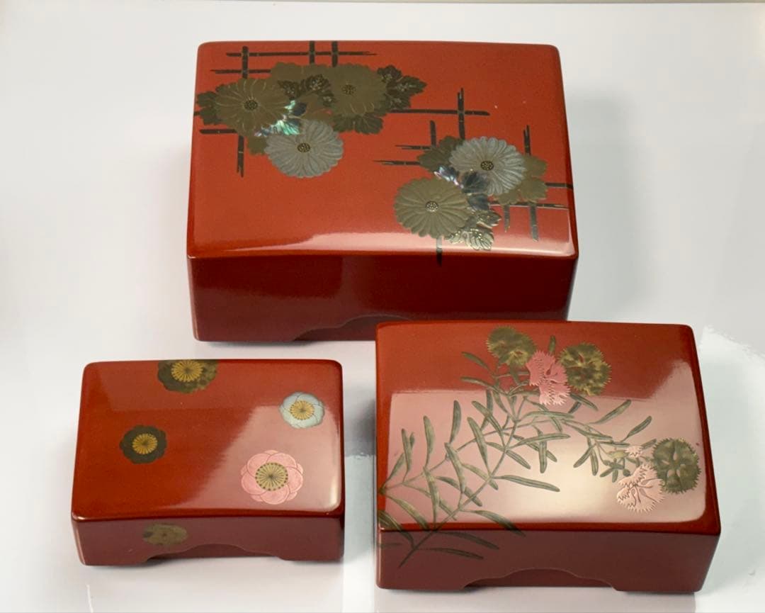 【未使用】時代漆芸 木製 菊紋蒔絵 螺鈿象嵌箱 蓋物 小物入れ R7112344