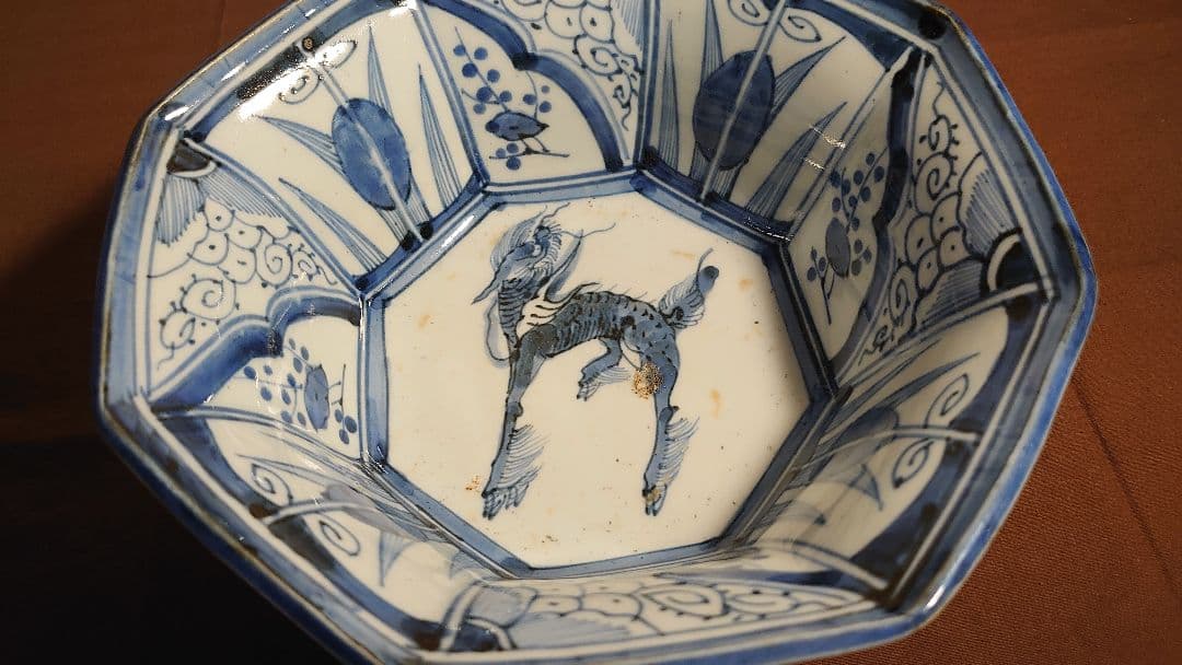 古伊万里　伊万里　染付　麒麟の図　８角鉢　アンティーク伊万里　1１客