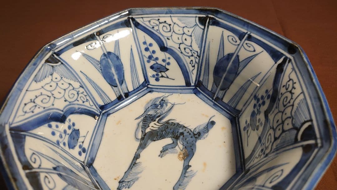古伊万里　伊万里　染付　麒麟の図　８角鉢　アンティーク伊万里　1１客